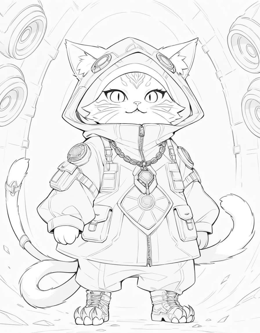 Anime tabby cat roaring in a cyan techwear hood