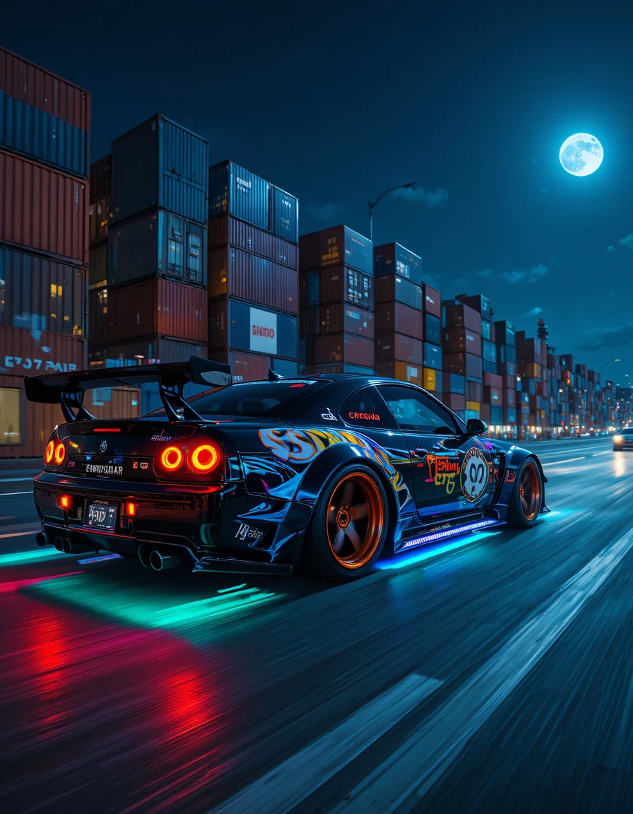 Neon street racing cars speeding through Japanese cargo docks