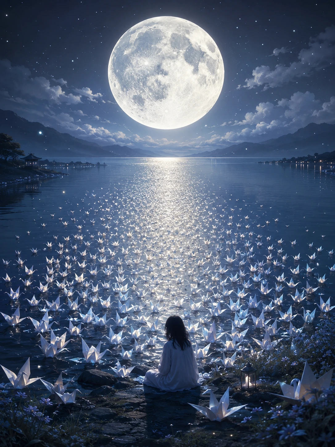 Quiet lakeside under an enormous moon with drifting paper cranes