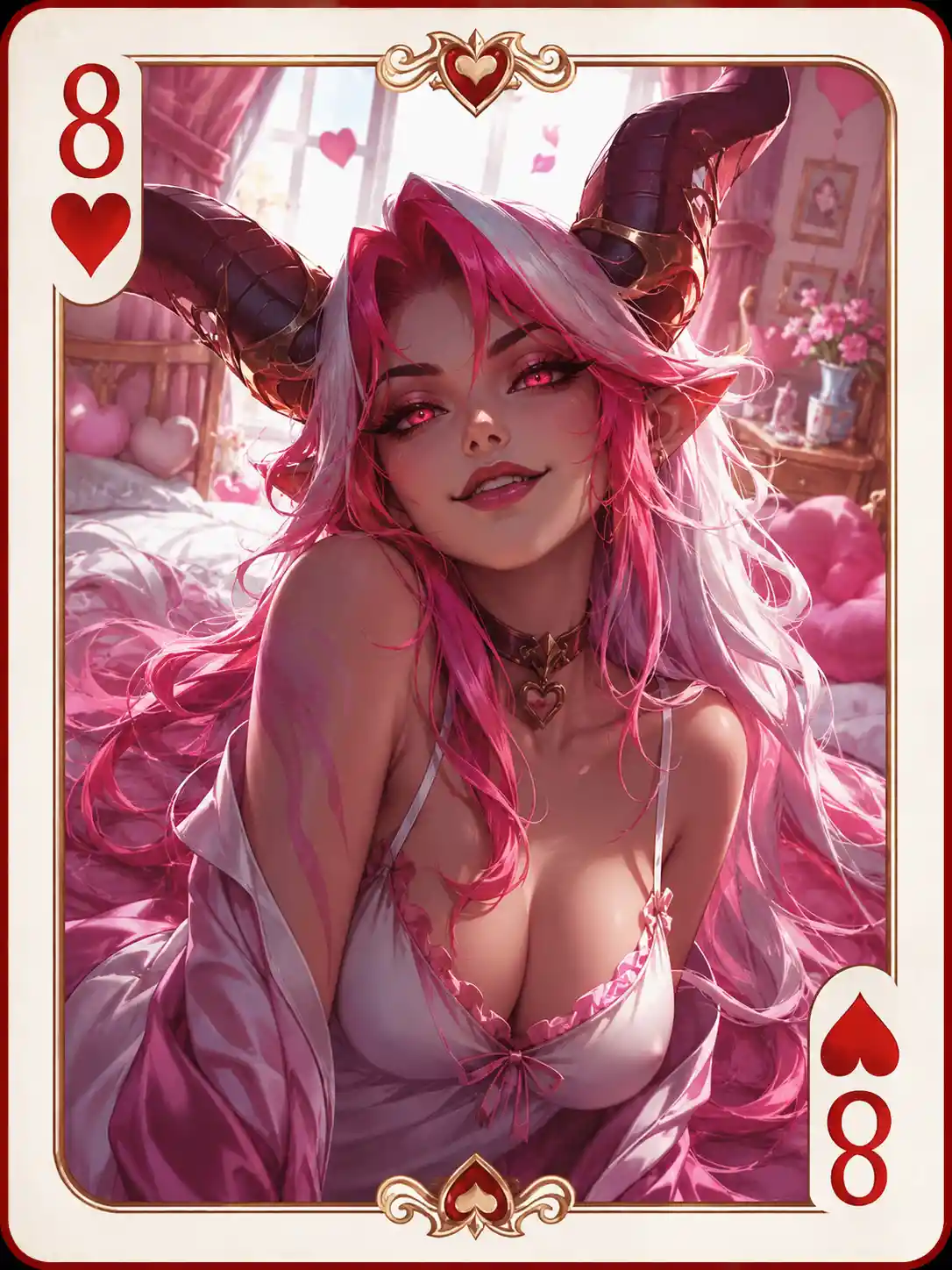Playful succubus girl smiling beside a bright bedroom bed