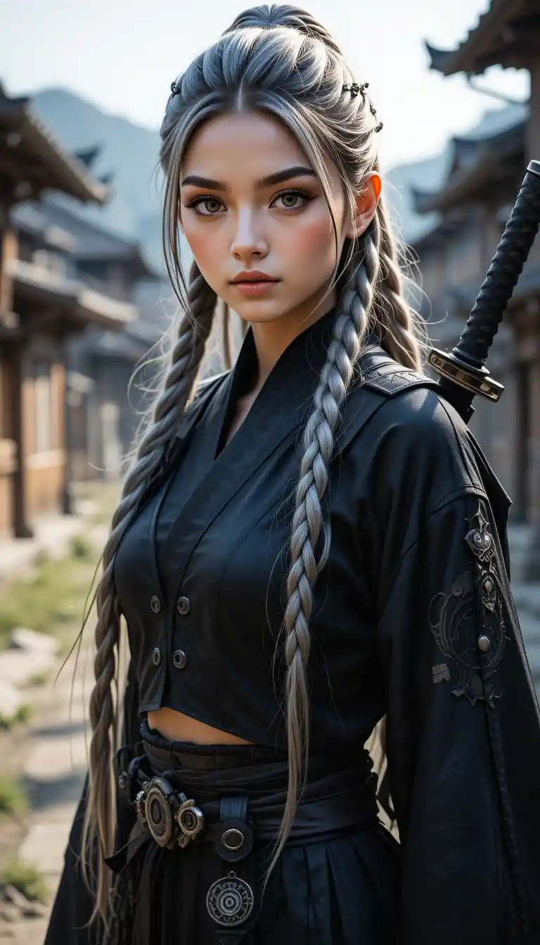 Young female warrior with sword in a quiet village