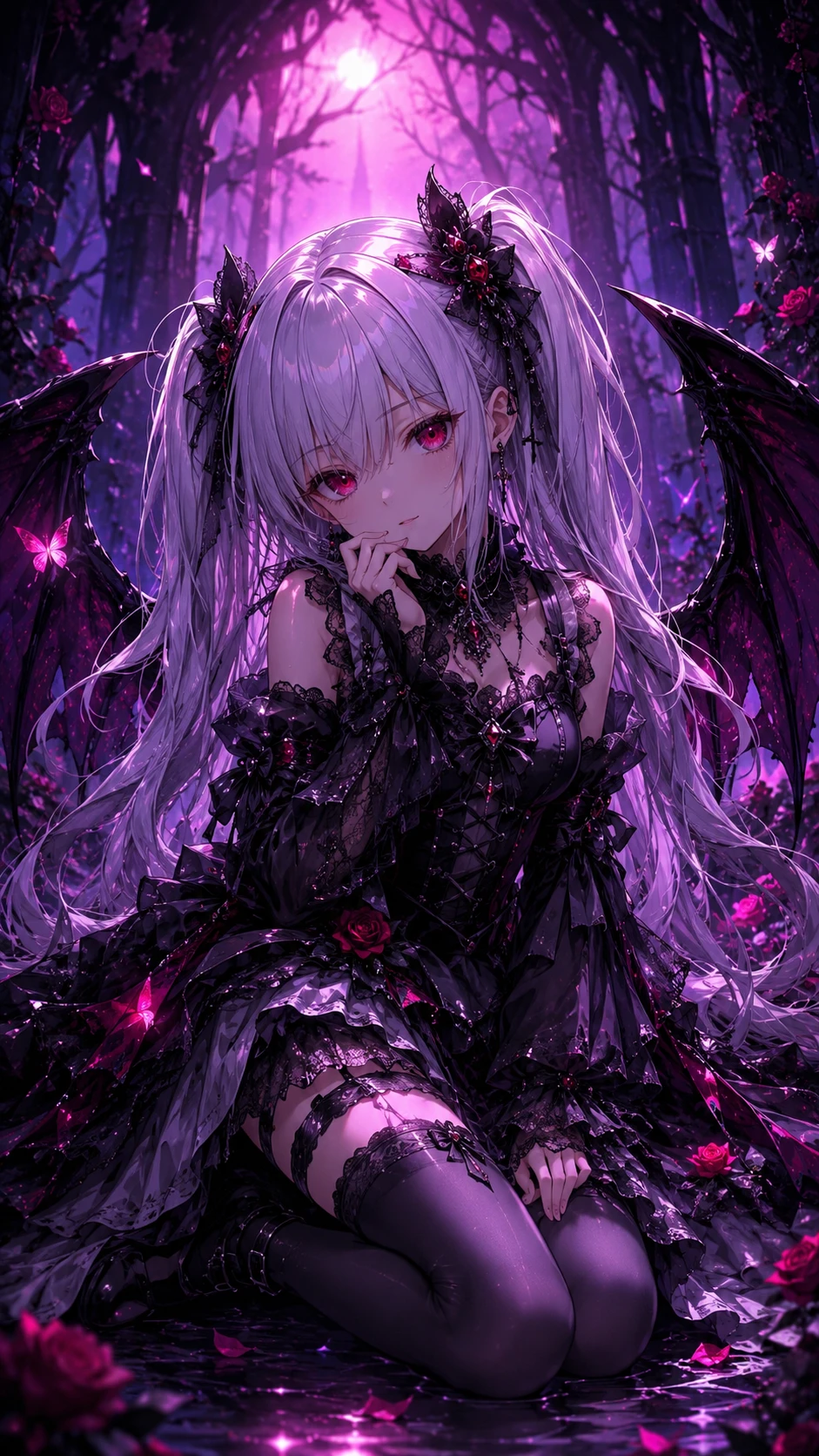 Gothic anime girl with demon wings in dark forest