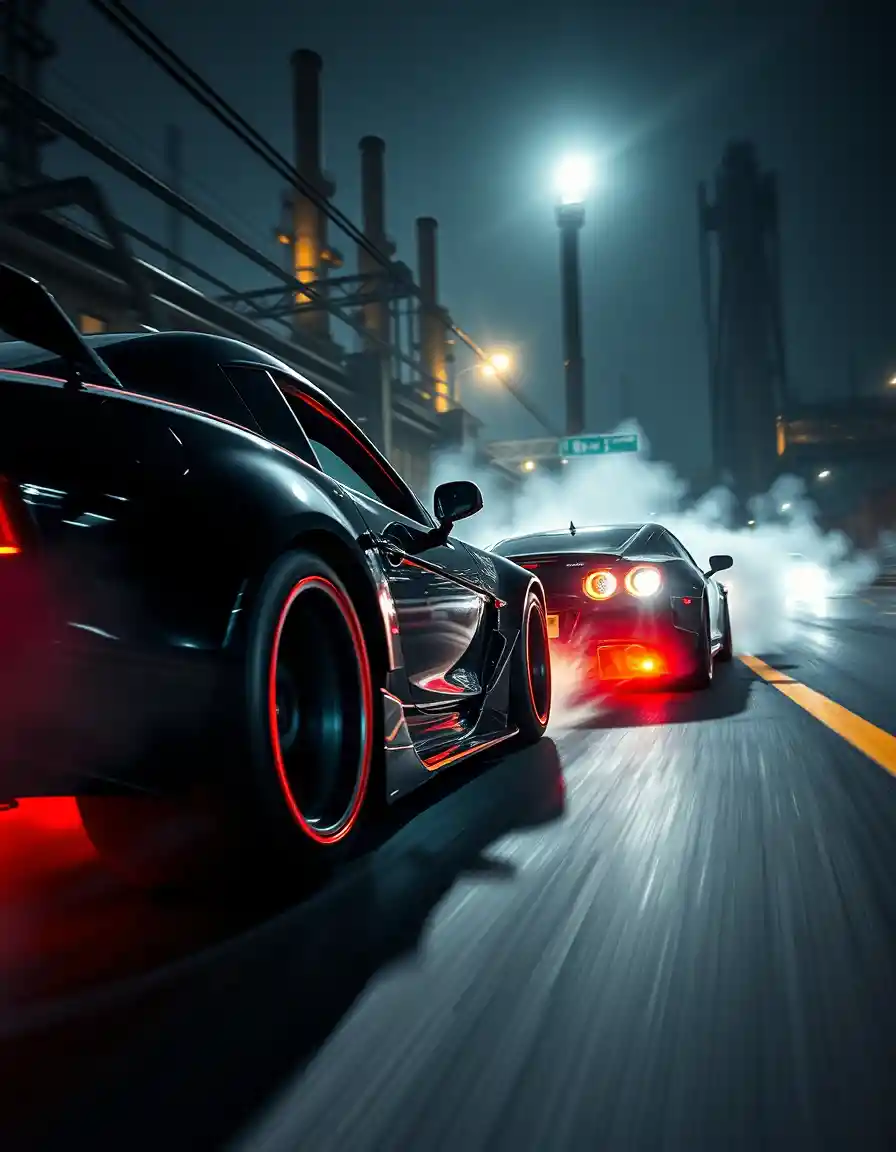 Primo piano di auto da street racing in drift nella notte fumosa