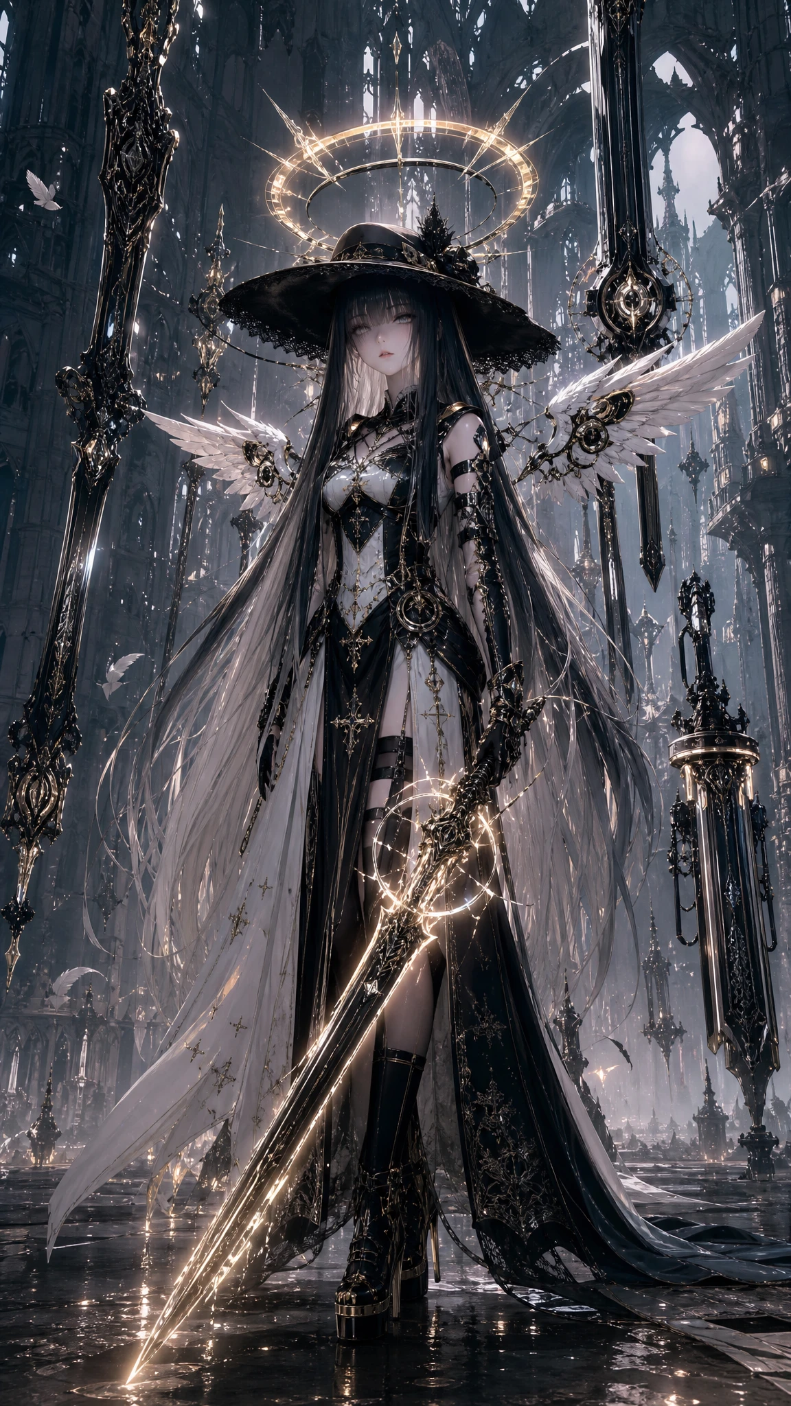 Gothic cybernetic maiden in a ruined futuristic cathedral