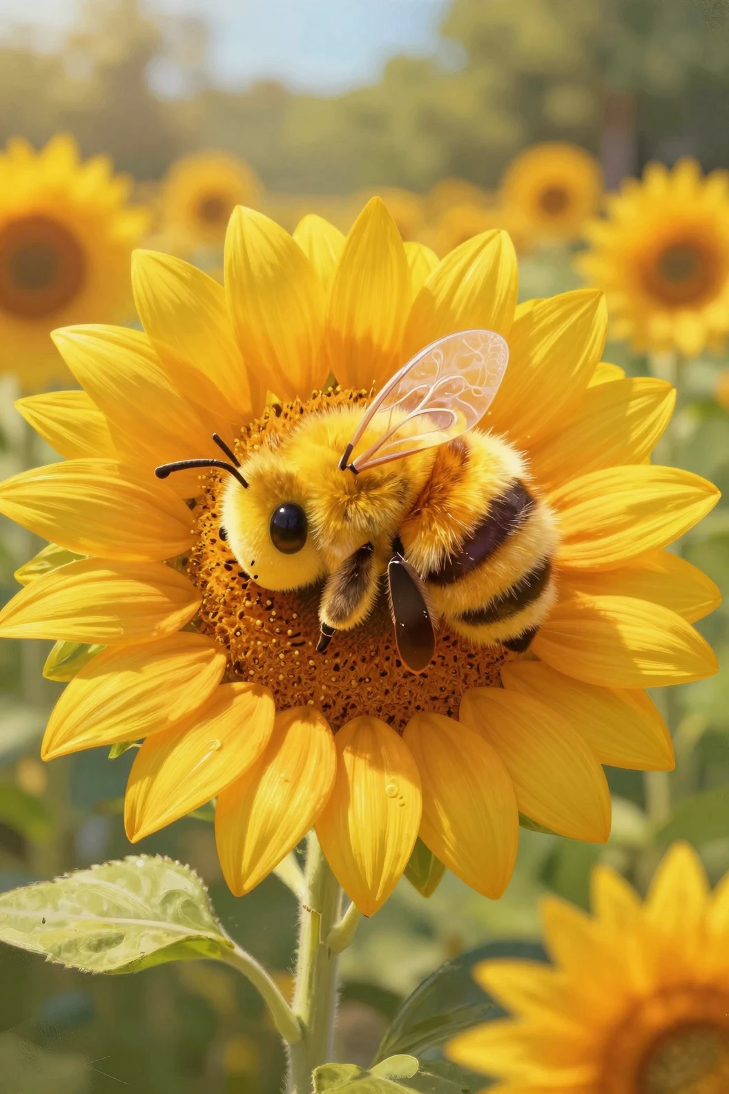 Cute 3D bee sleeping inside a bright yellow sunflower