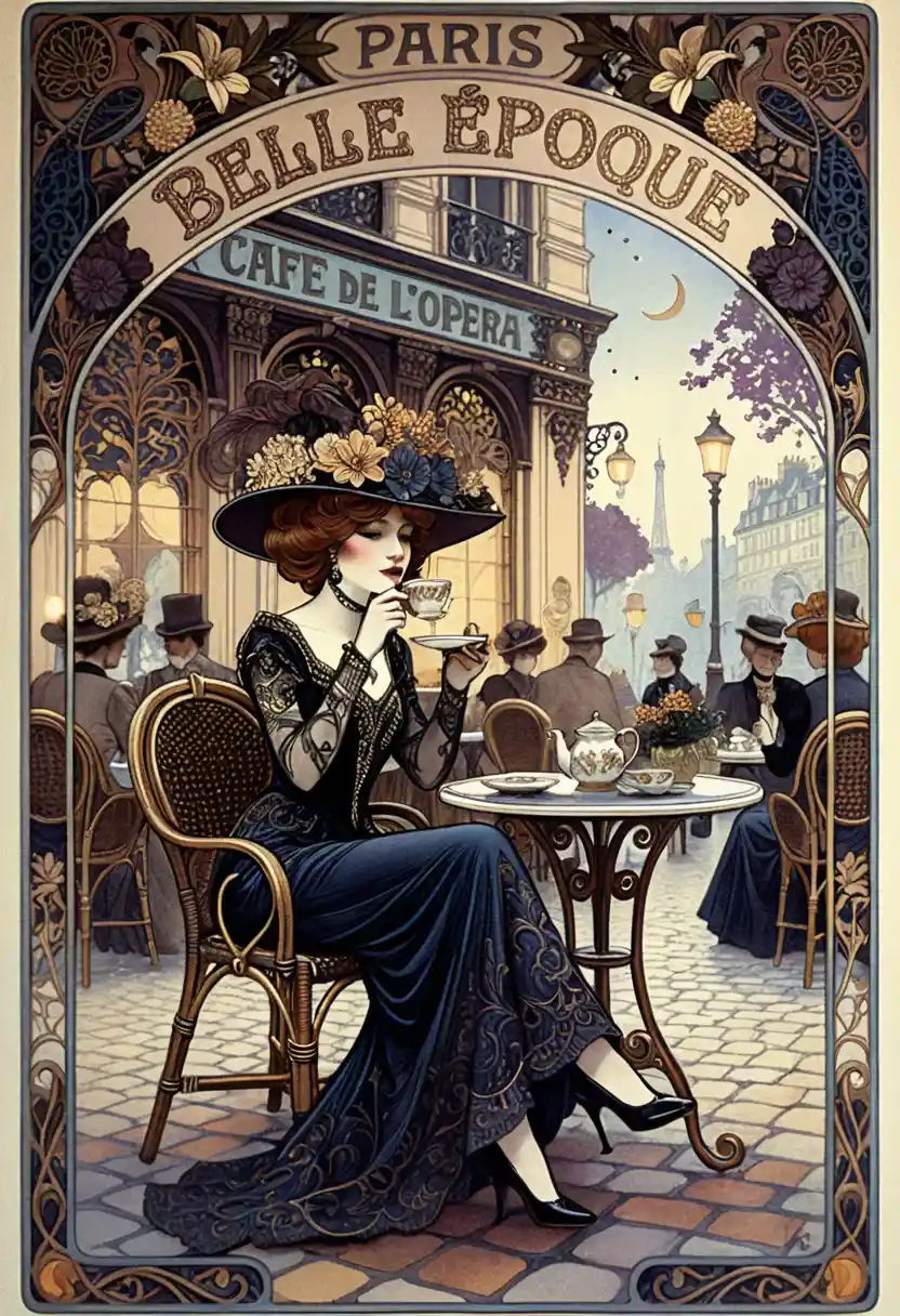 Elegant woman in black gown at Parisian cafe