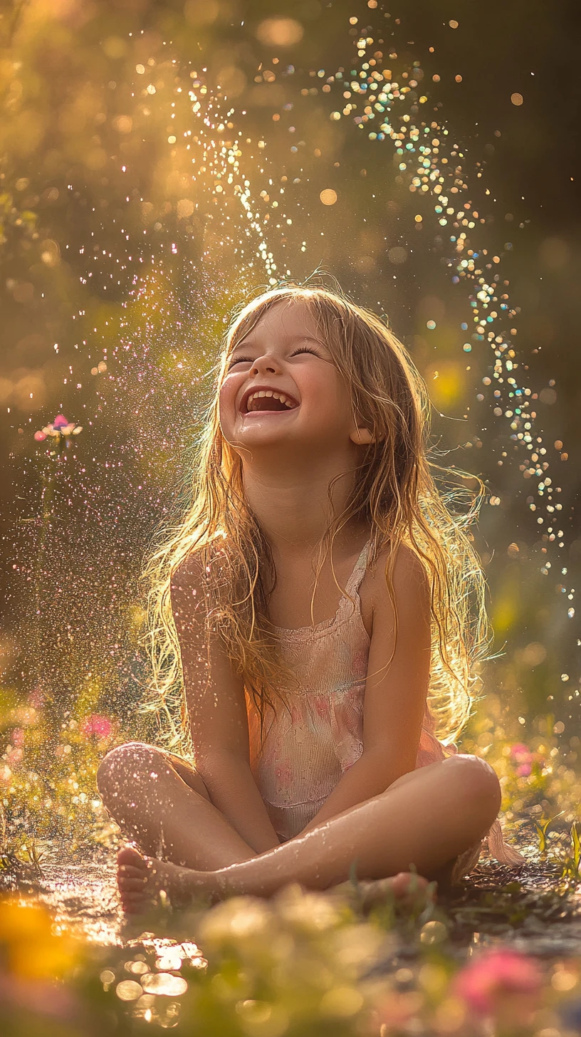 Laughing girl spraying water in a sunlit garden