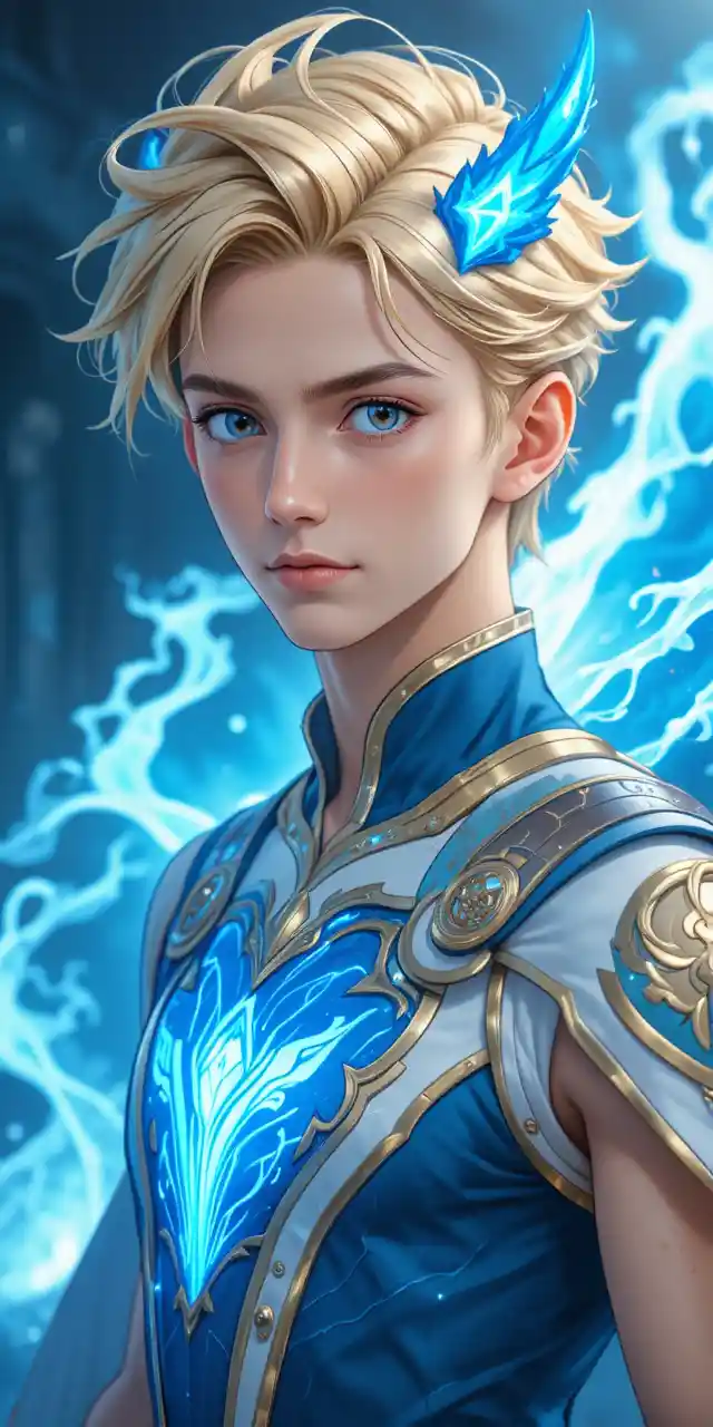 Young anime hero with glowing blue antlers and cape