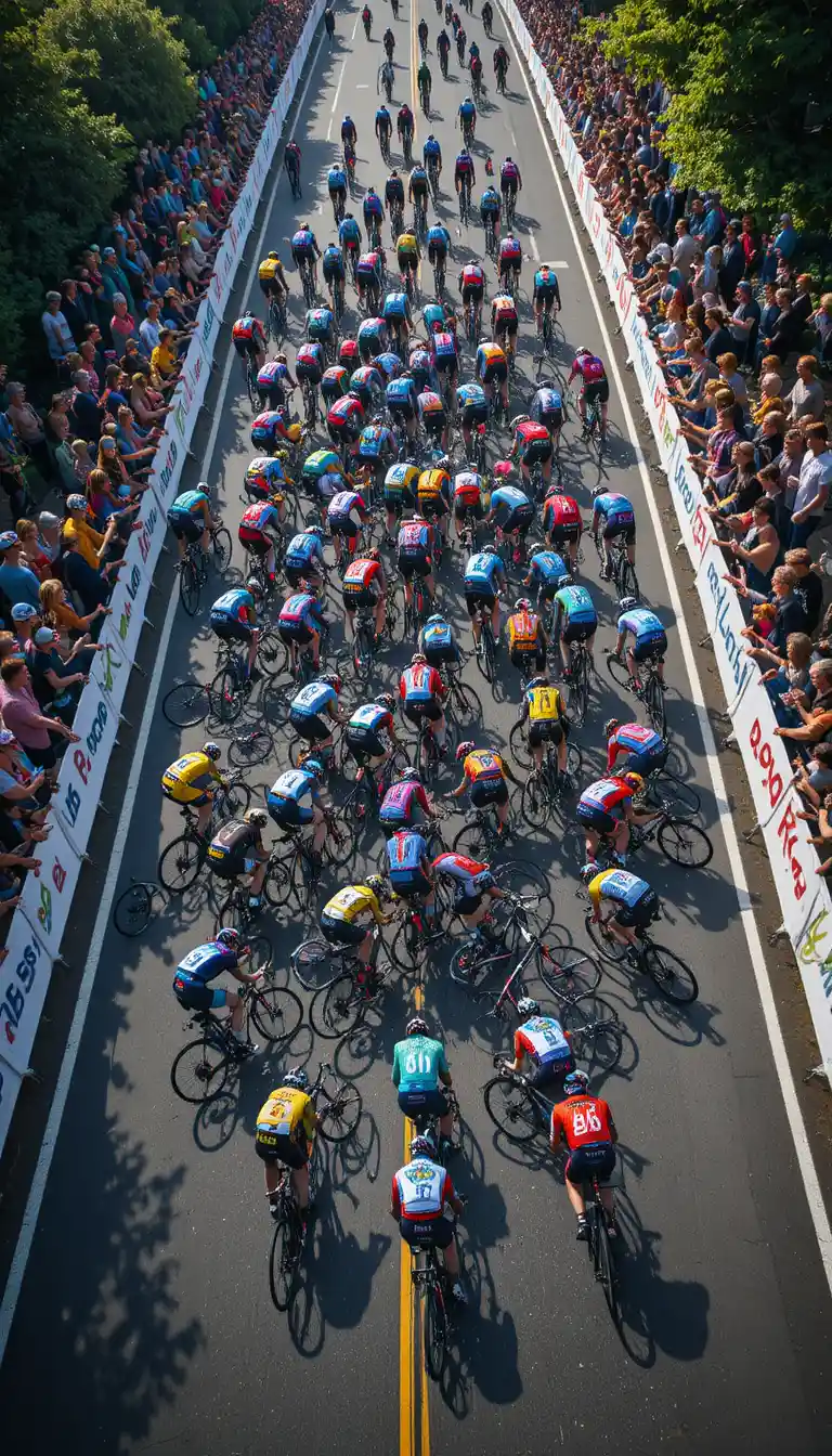Aerial view of chaotic crash in professional bicycle race
