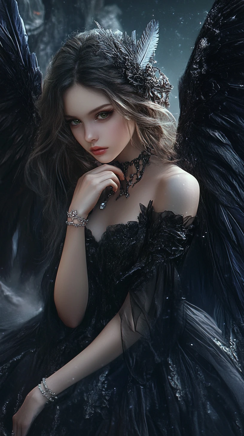 Melancholic fairy girl with dark wings in ethereal mist