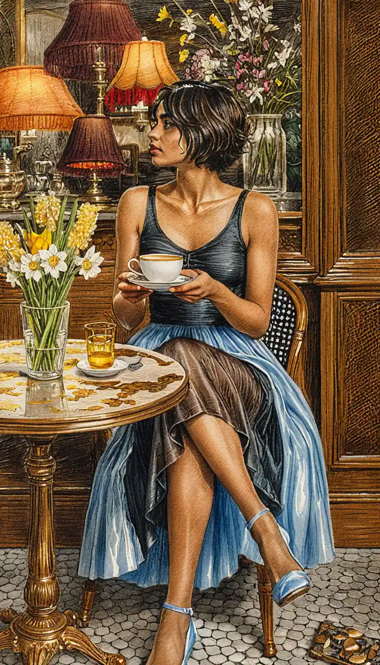 Junge Frau mit Kaffee in einem Café im Vintage-Stil – Zeichnung