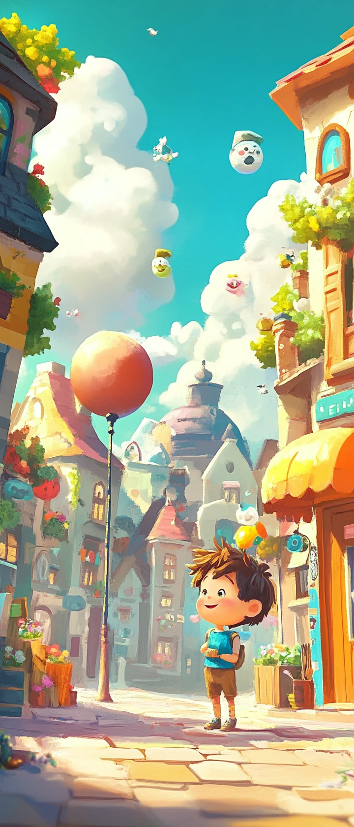 Whimsical childrens storybook illustration in bright pastel colors