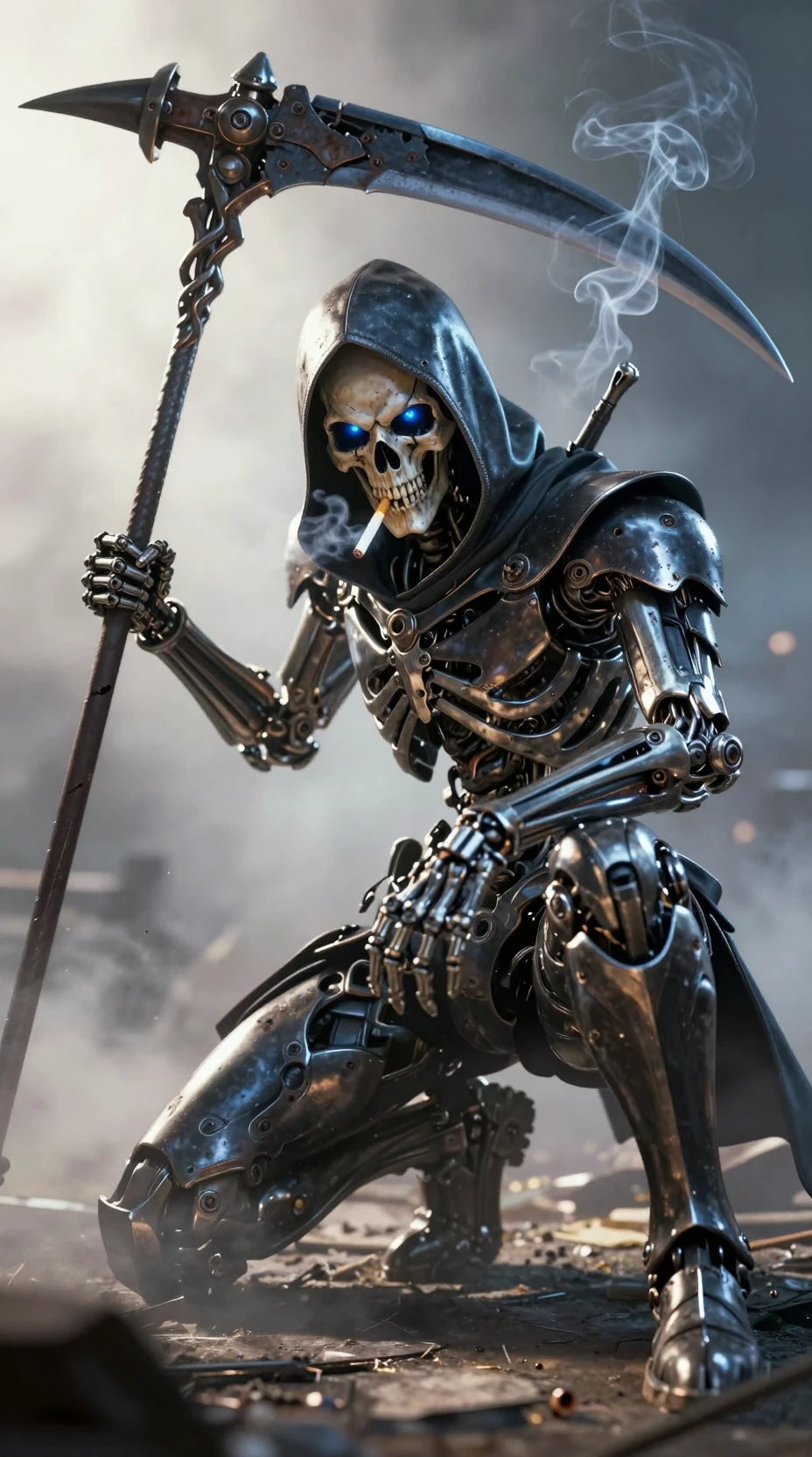Metallic grim reaper smoking with scythe in dramatic pose