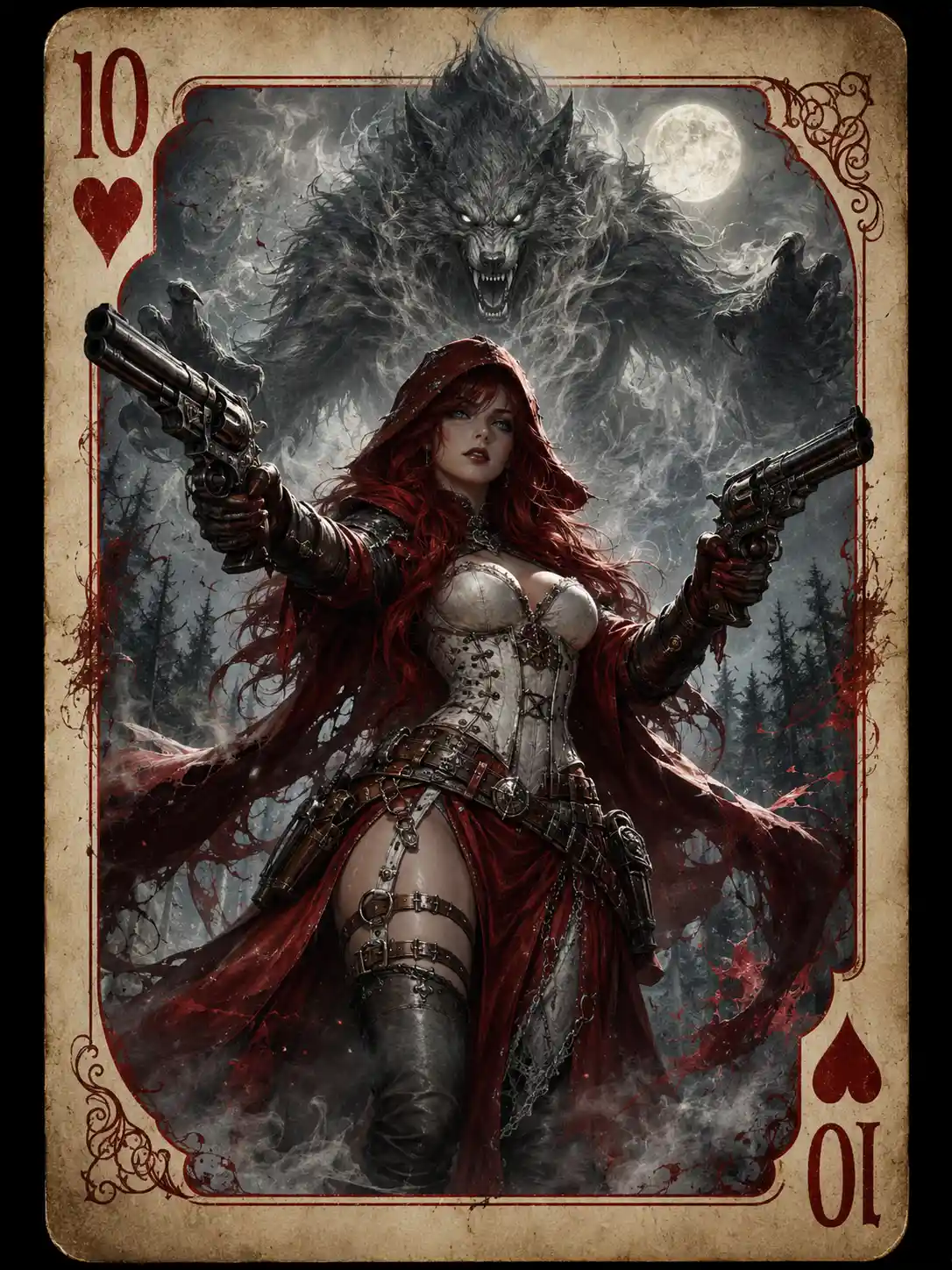 Red cloaked bounty hunter in a moonlit misty forest
