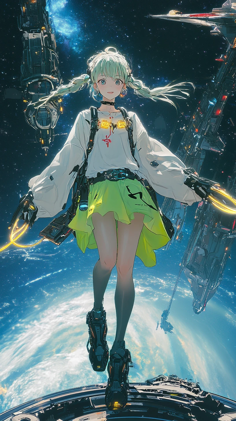 Anime girl smiling on a floating space platform edge