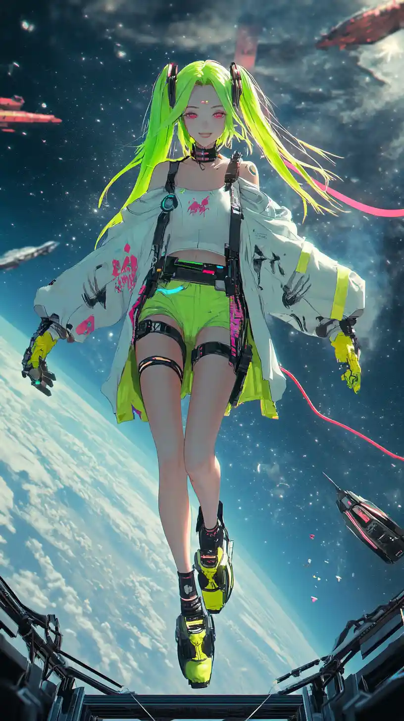 Anime girl walking on a floating space platform edge