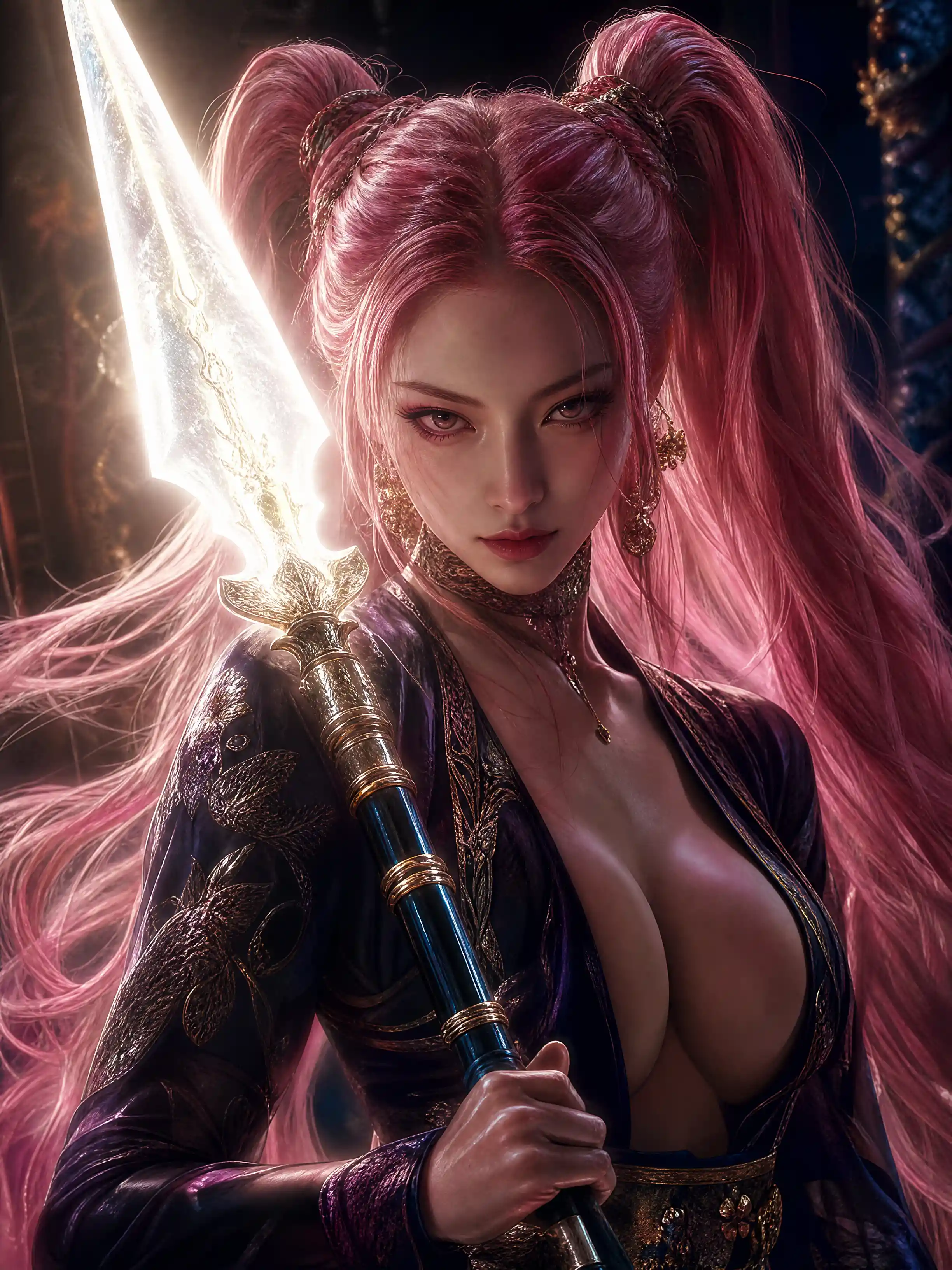 Pink haired spear warrior facing forward in fantasy portrait