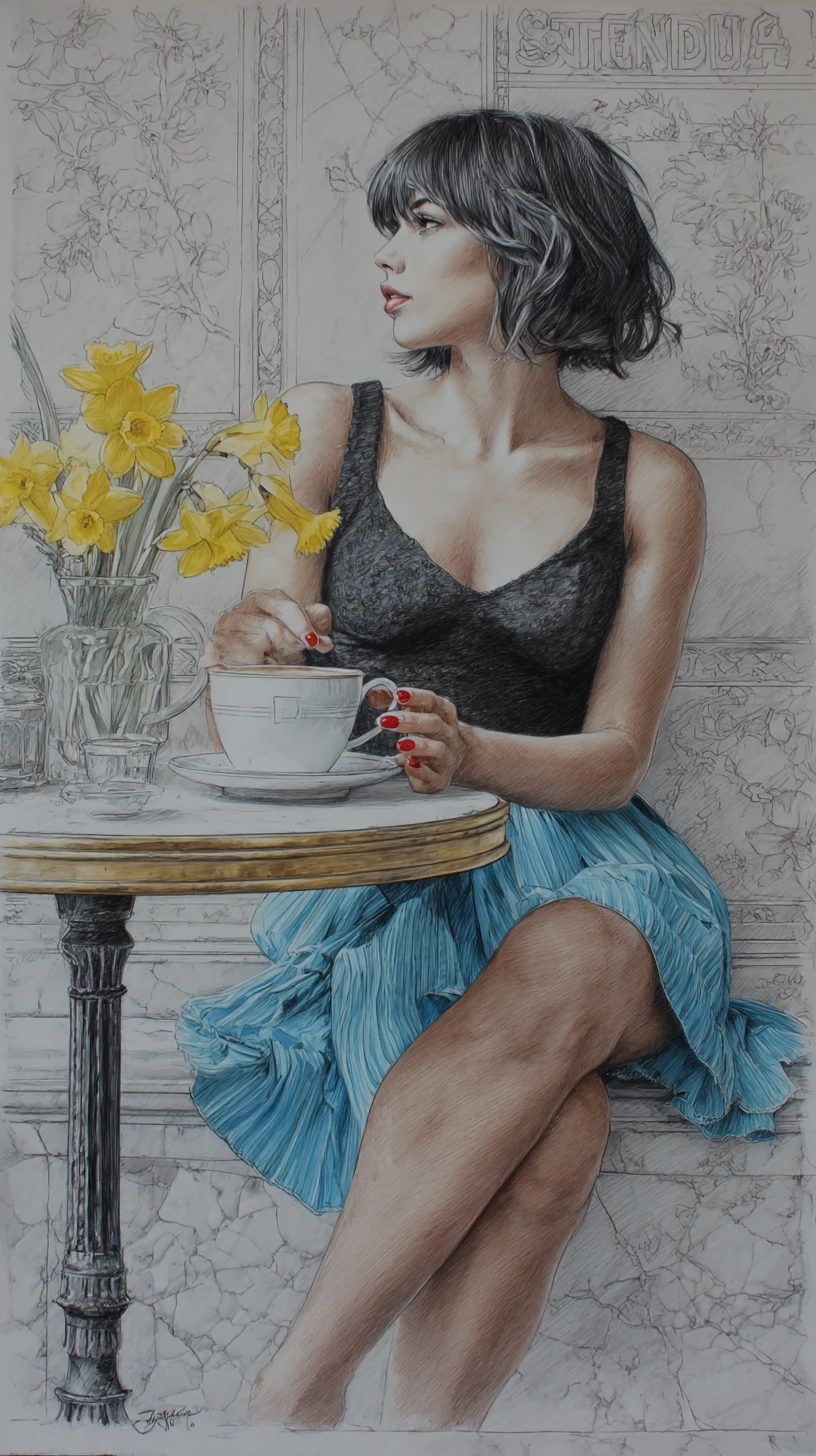 Young woman with coffee in a vintage style cafe