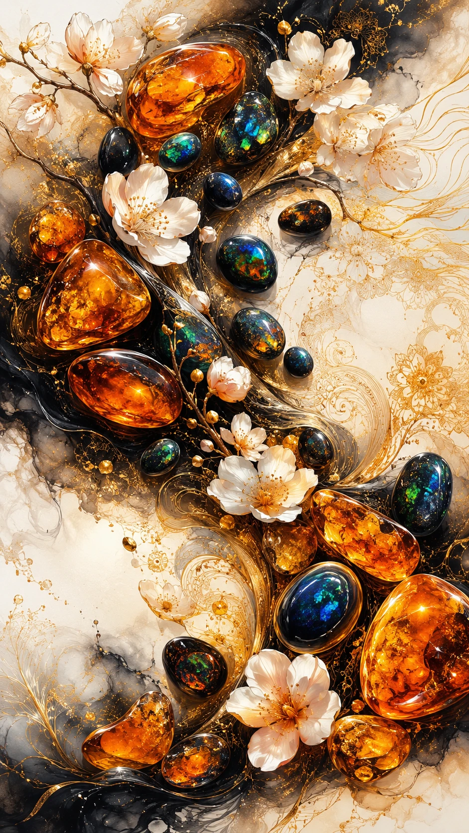 Colorful gemstones and opals with delicate white floral accents
