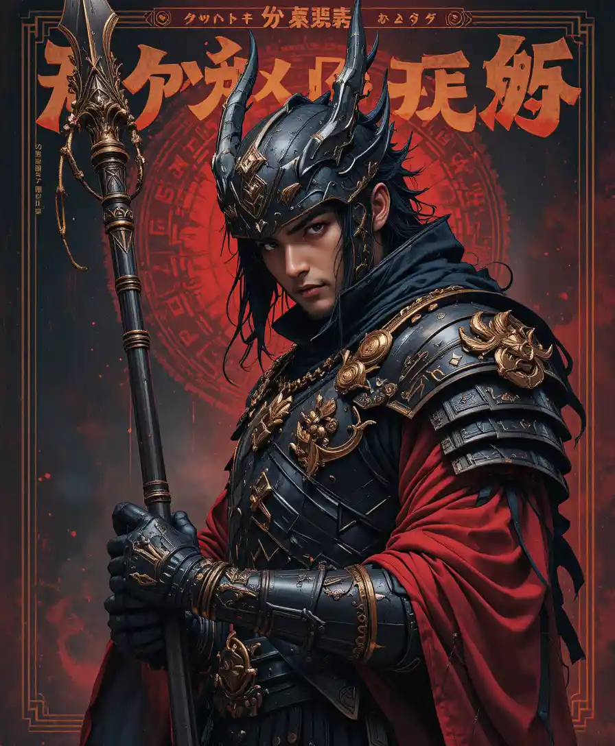 ダークファンタジーの槍を構えたドラゴン騎士のドラマチックなポートレート