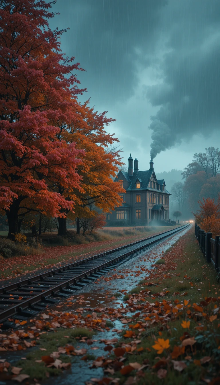 Rainy autumn manor beside a quiet countryside railway