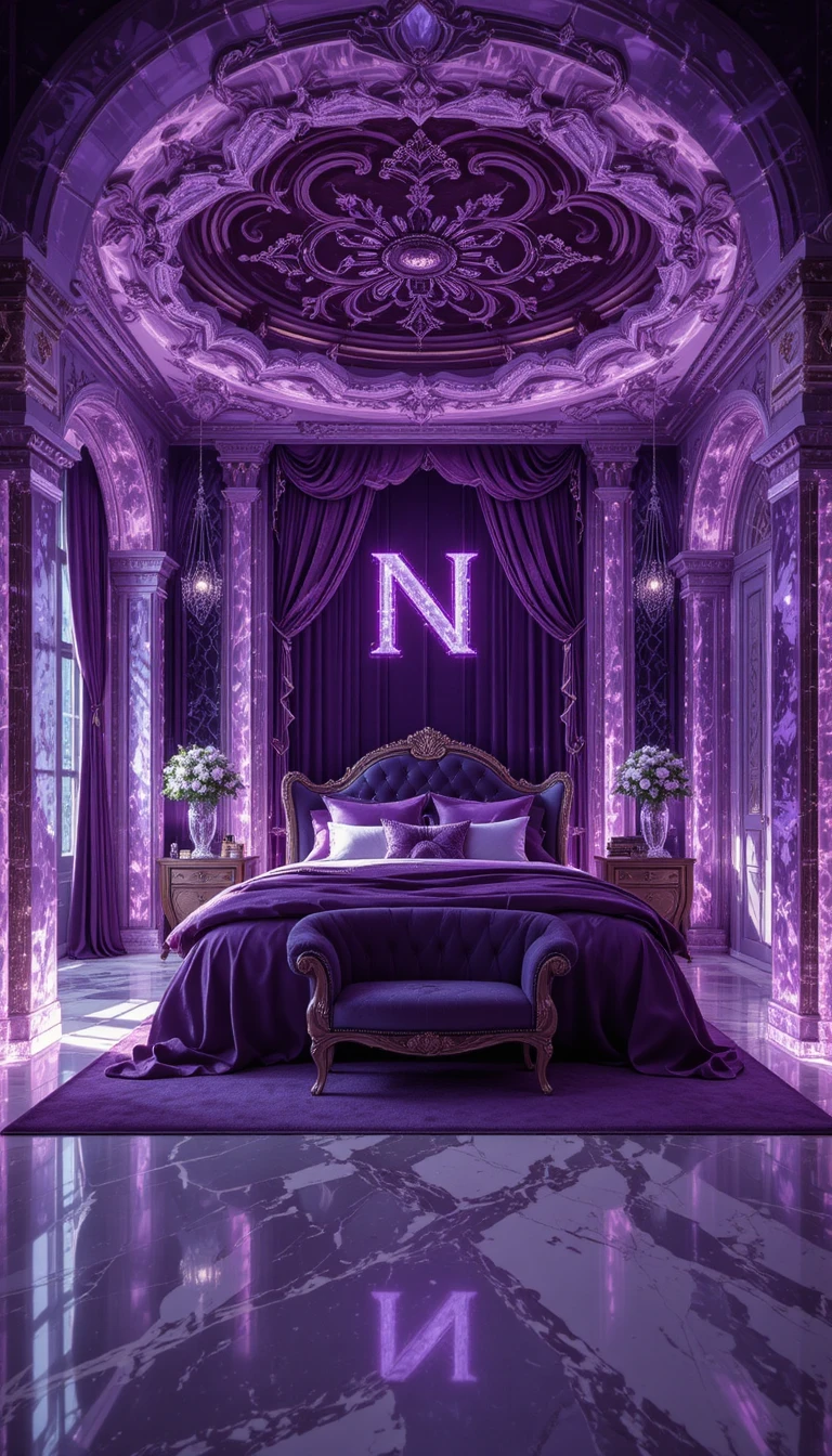 Luxurious amethyst crystal bedroom with glowing purple decor
