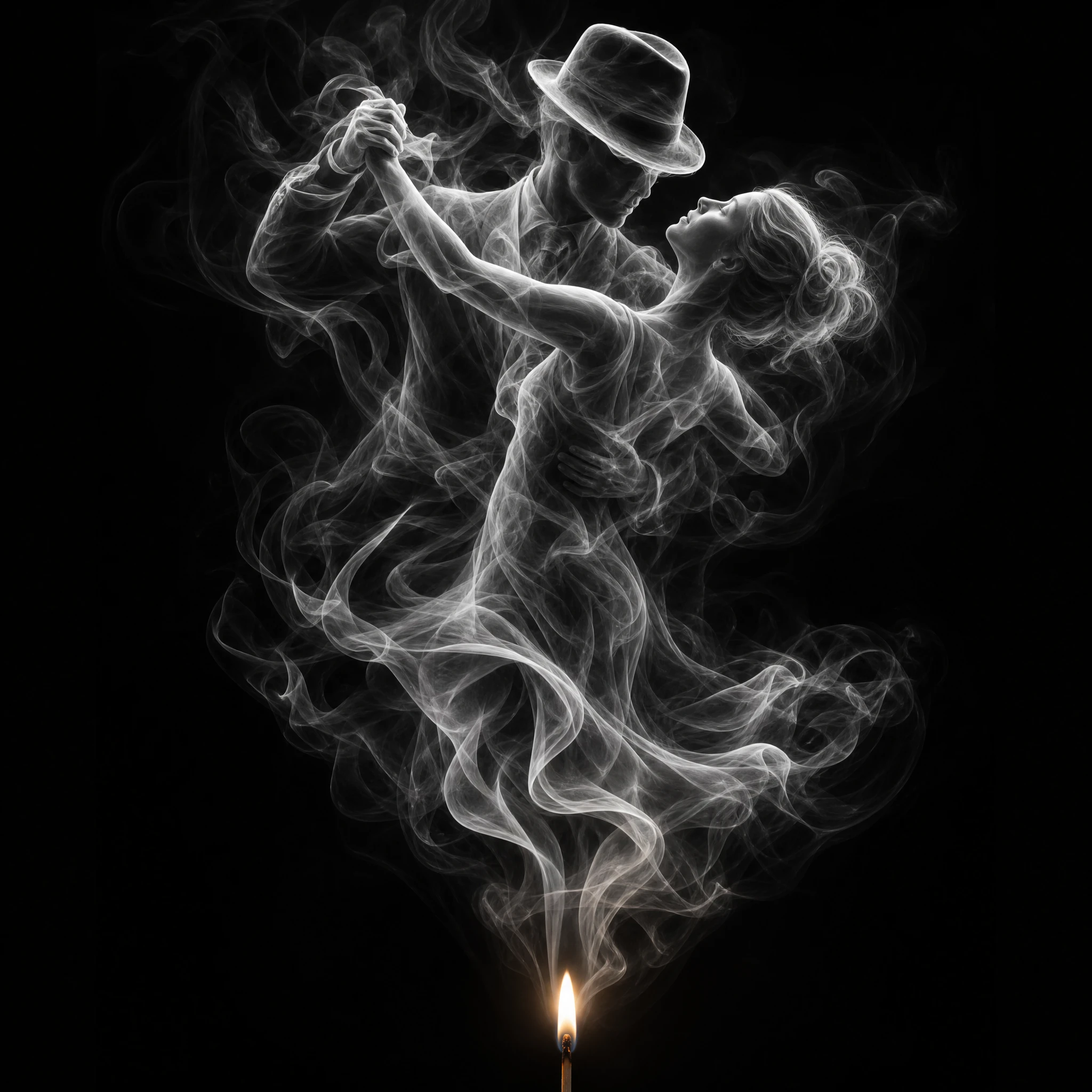 Smoky dancing couple swirling above a single match flame