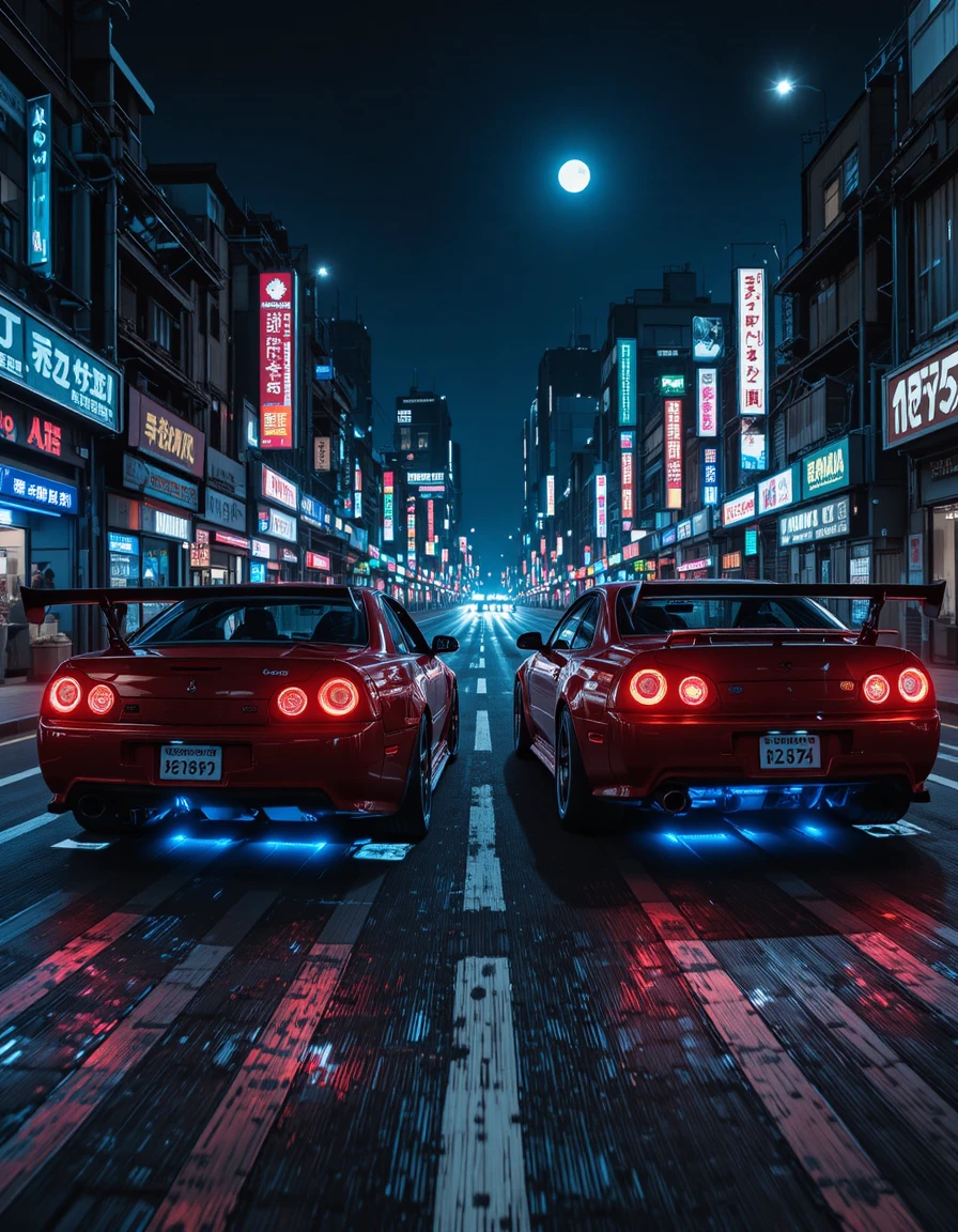 Neon street racing cars in a gritty Japanese industrial night