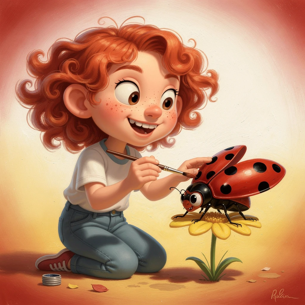 Playful cartoon girl painting spots on a ladybug