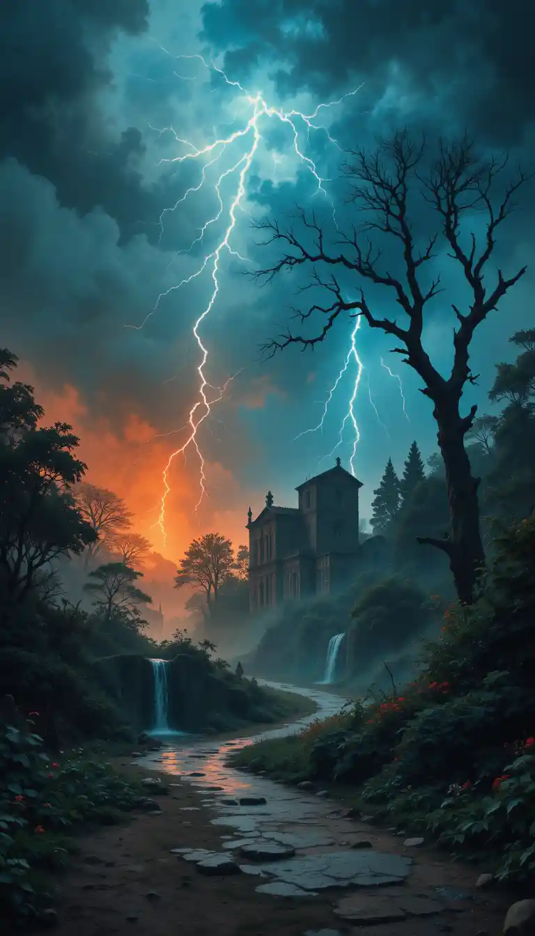 Stormy park path with ruins and lightning in Rome