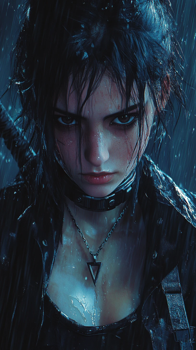 Melancholic warrior woman in the rain with sword