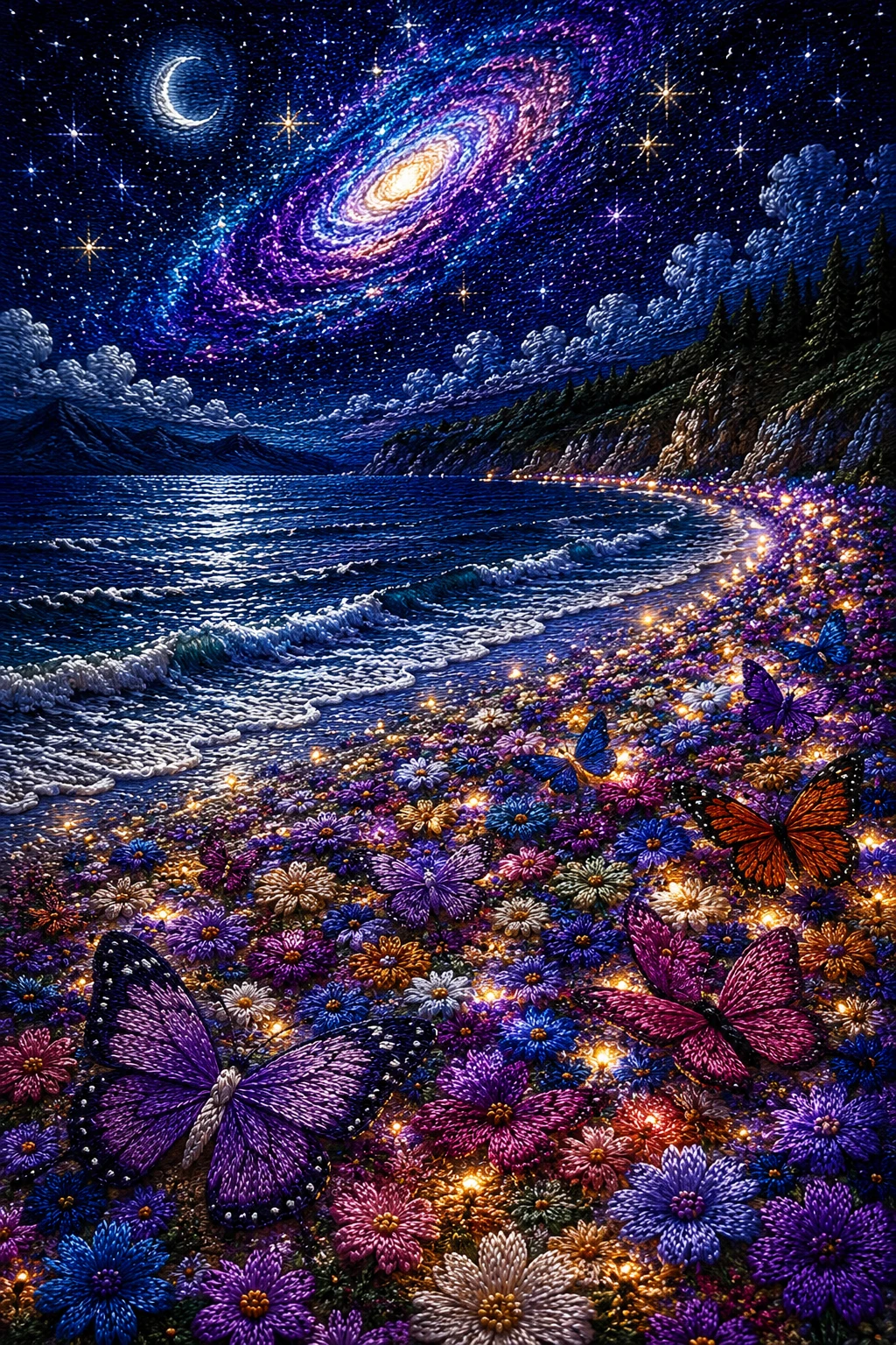 Mágica Playa Bordada de Flores Brillantes por la Noche