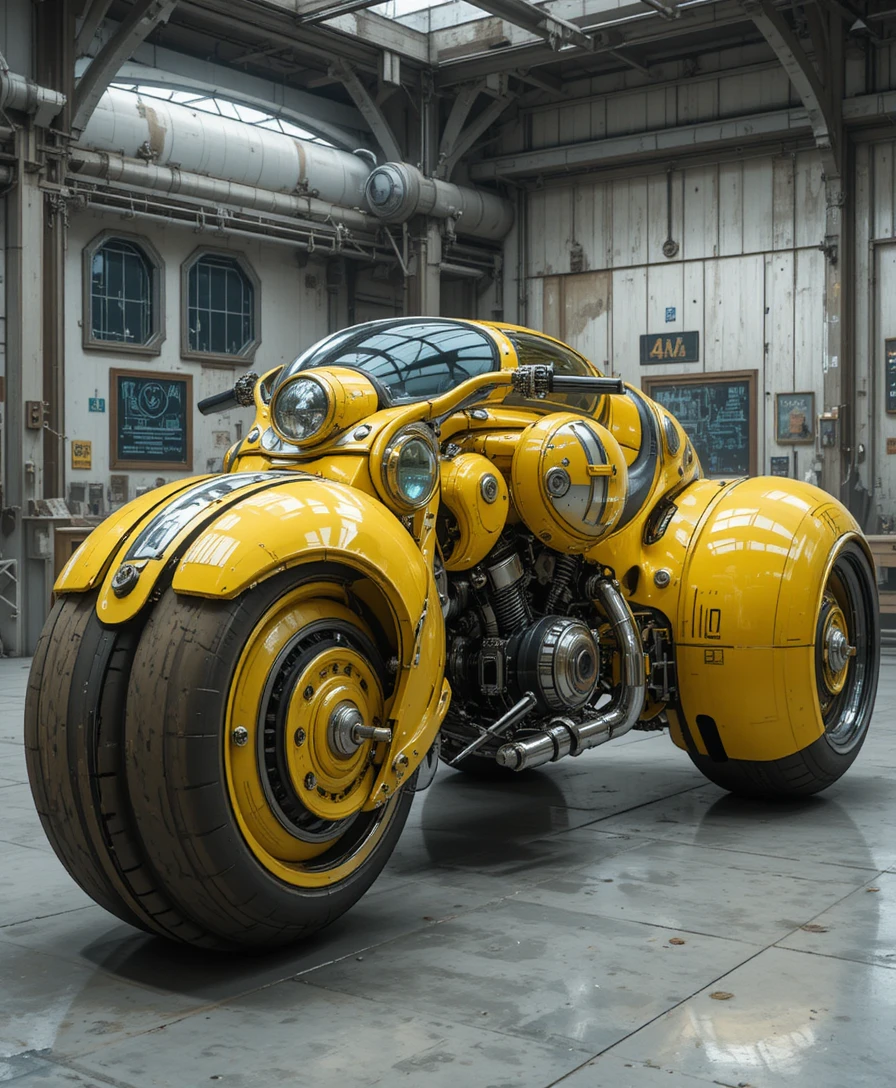 Futuristic yellow trike with broad enclosed black tires