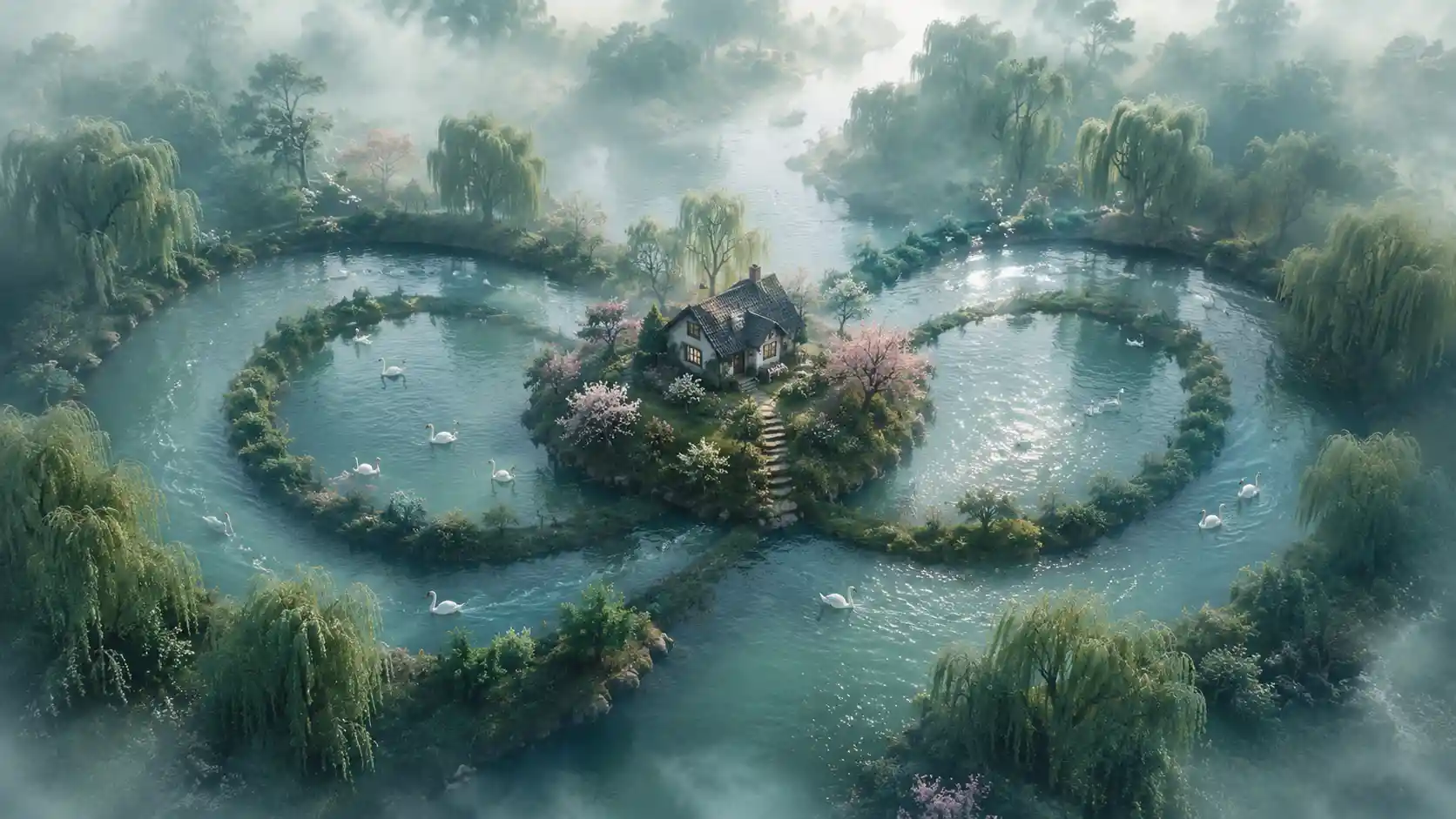 Aerial river looping in an infinity shape around cottage