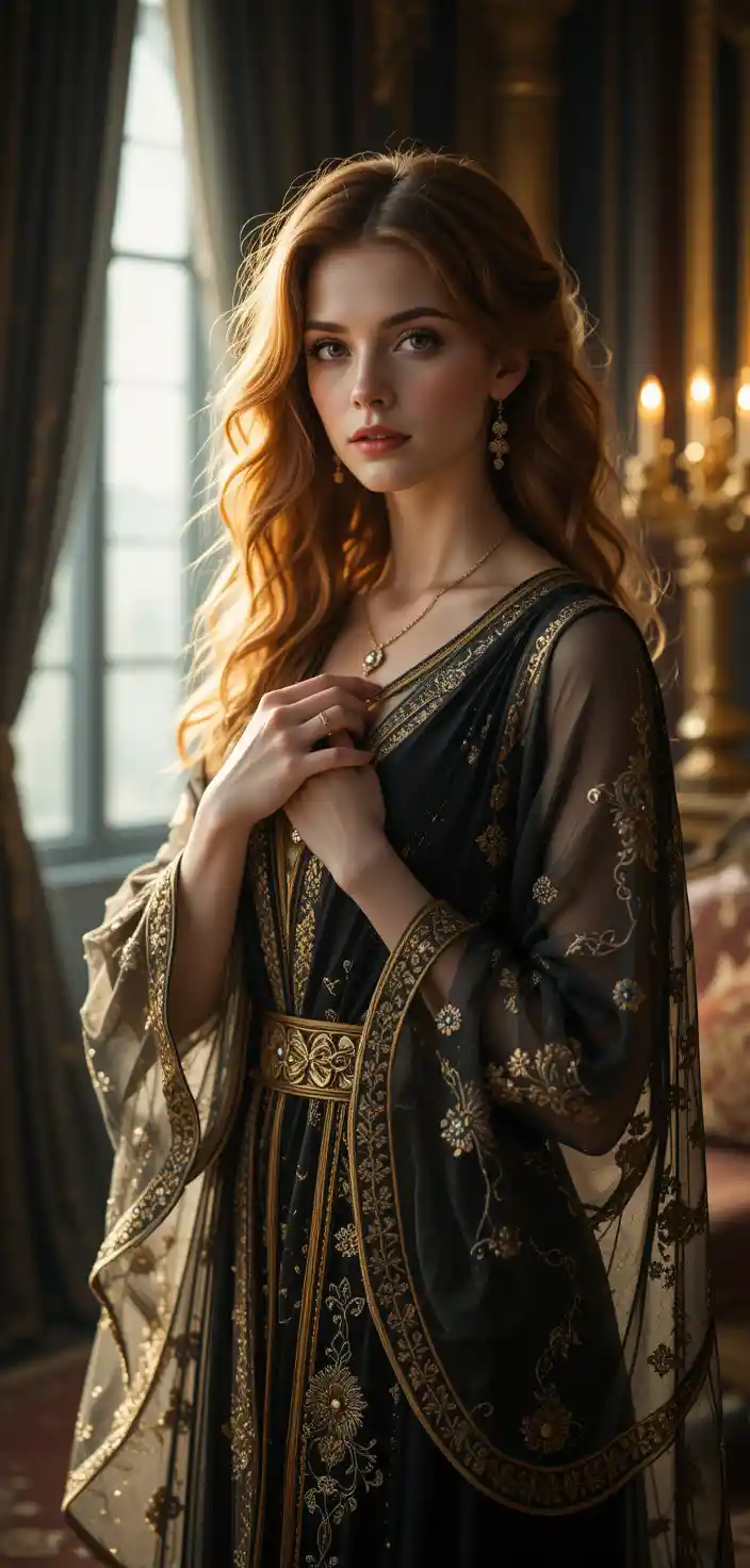 Elegant woman in black and gold robe in candlelit suite