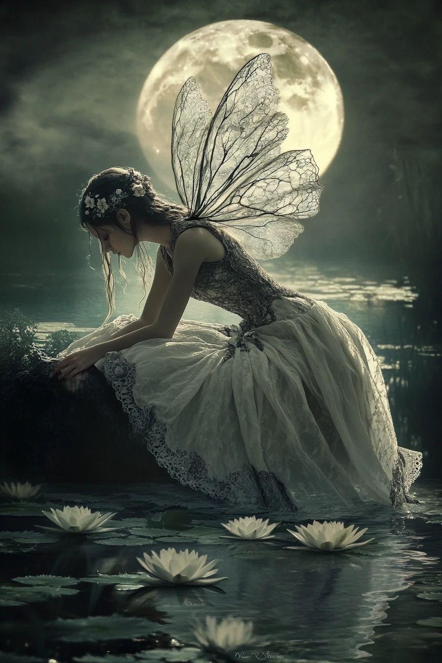 Gothic fairy gliding above a moonlit tranquil lake