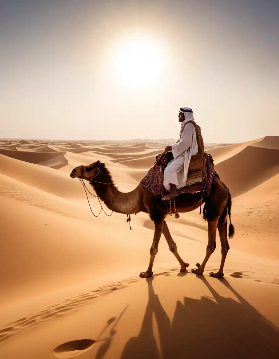 Cavaliere su cammello che attraversa dune di sabbia del deserto illuminate dal sole