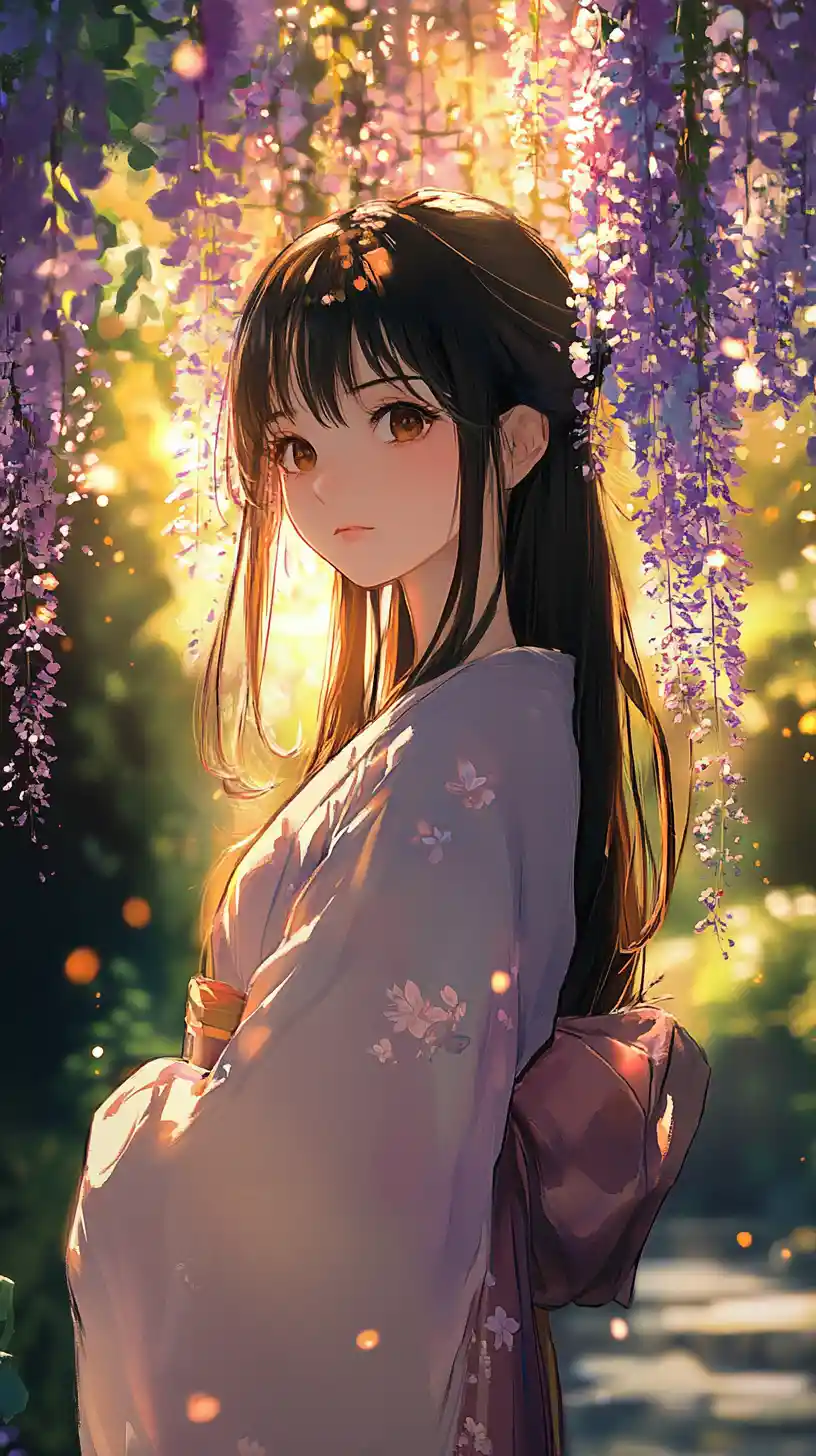 Anime girl in kimono under glowing wisteria blossoms