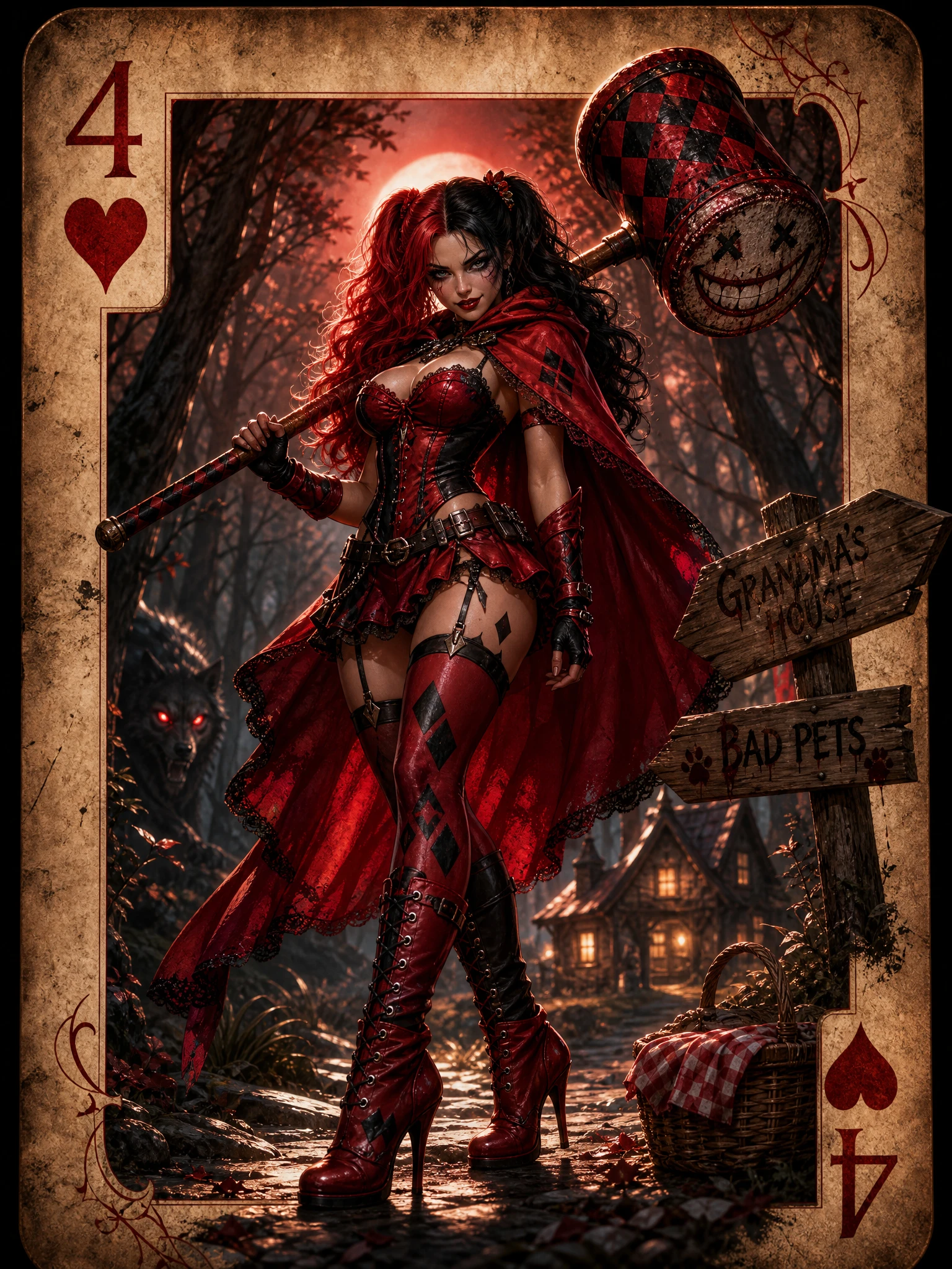 Dark fantasy woman with mallet on forest path