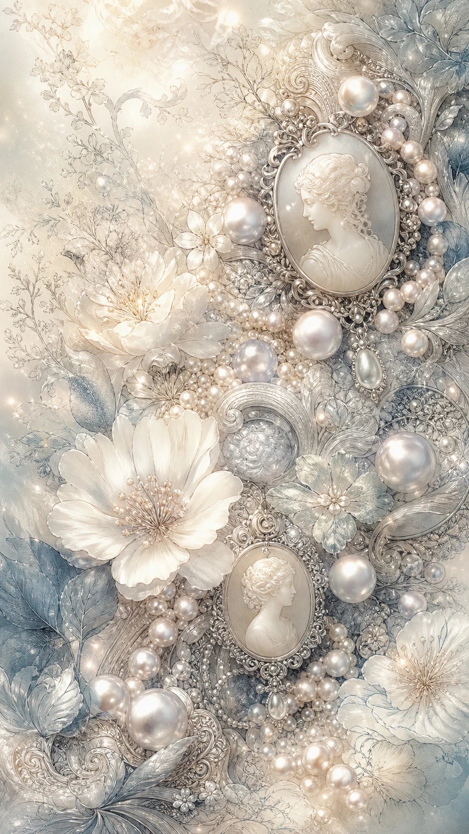 Delicate pearls and carved gems with luminous floral details