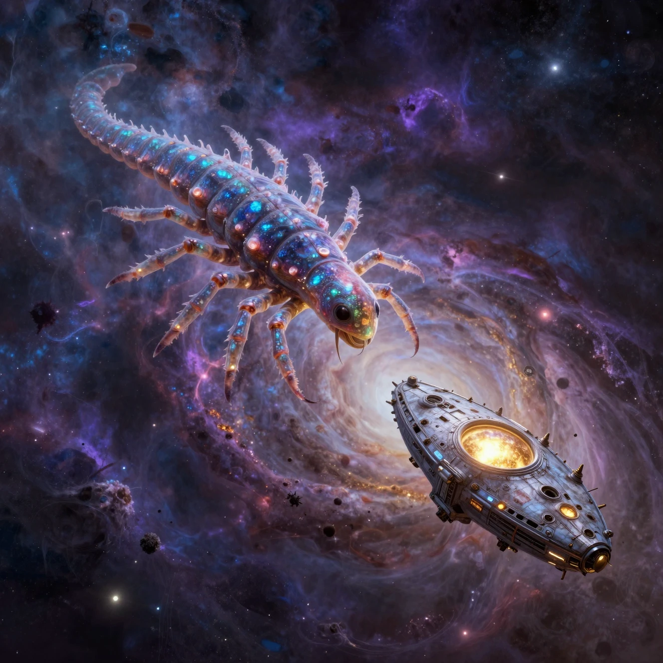 Giant iridescent alien drifts through a distant cosmic nebula