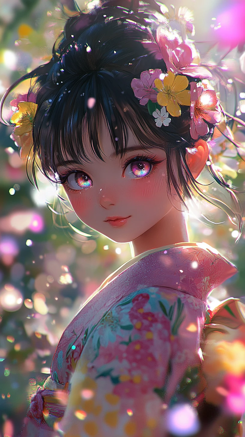 Anime girl in floral kimono among glowing garden flowers