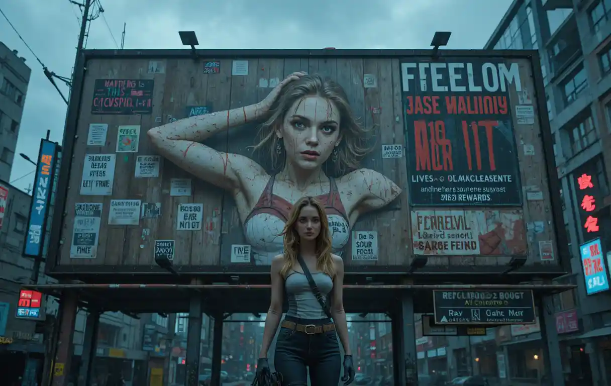 Cyberpunk woman standing by a dystopian neon city billboard