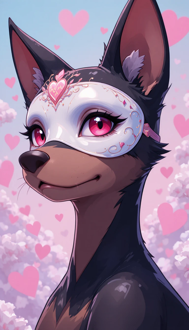 Anthropomorphic canine portrait with masked heart shaped eyes