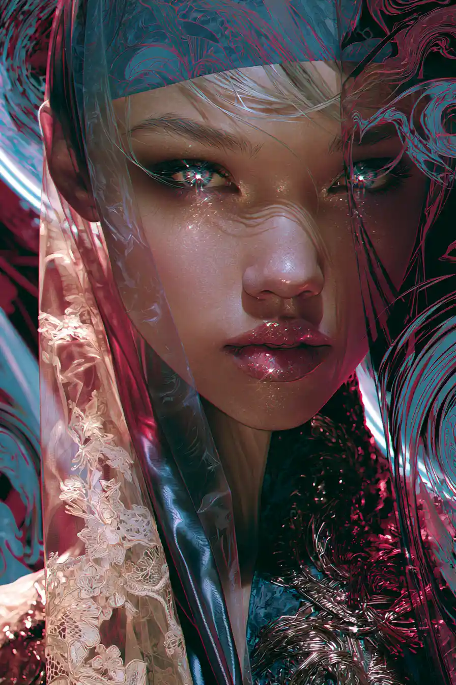 Ethereal woman in avant garde fashion with luminous eyes