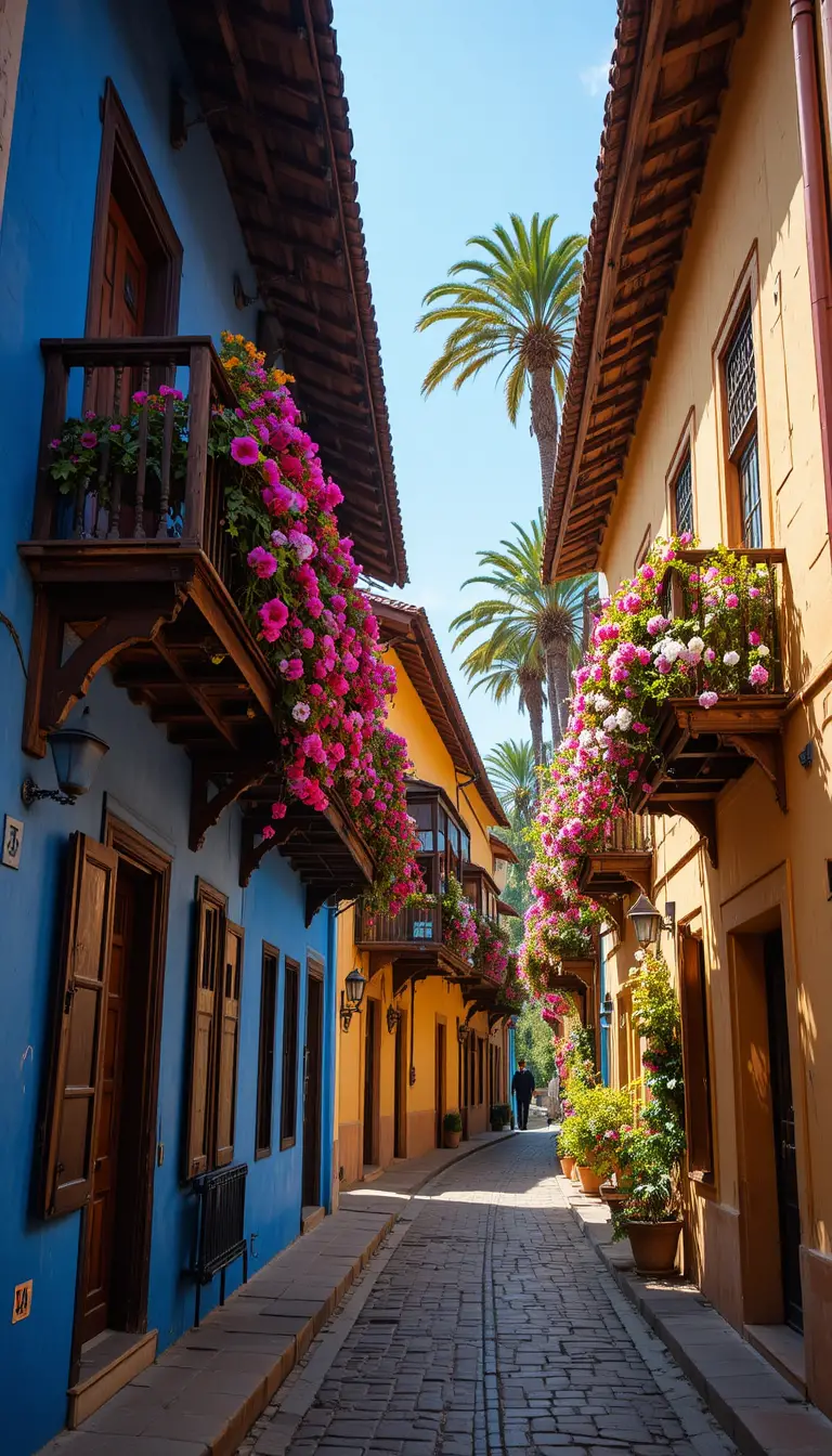 Colorata strada coloniale con fiori alla luce intensa del sole