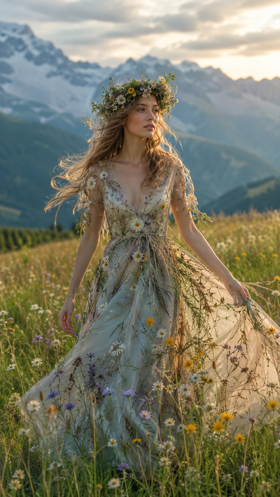 Mujer caminando por un prado alpino con vestido floral