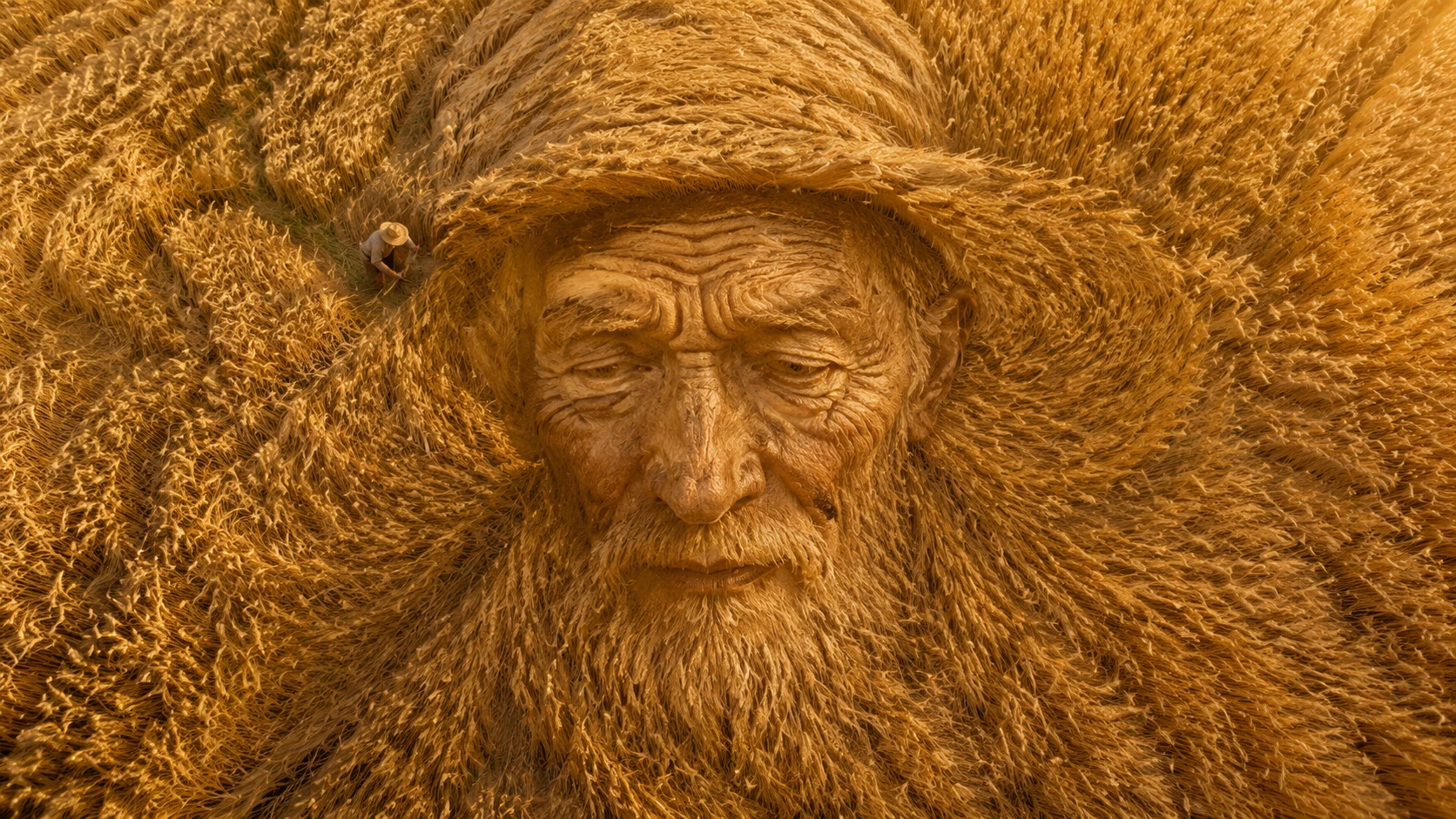 Elderly Farmer Face Emerging From A Wheat Field