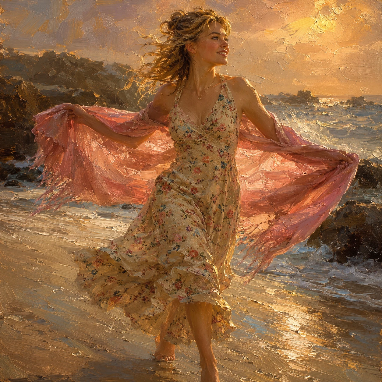 Dreamy blonde woman running barefoot along the beach