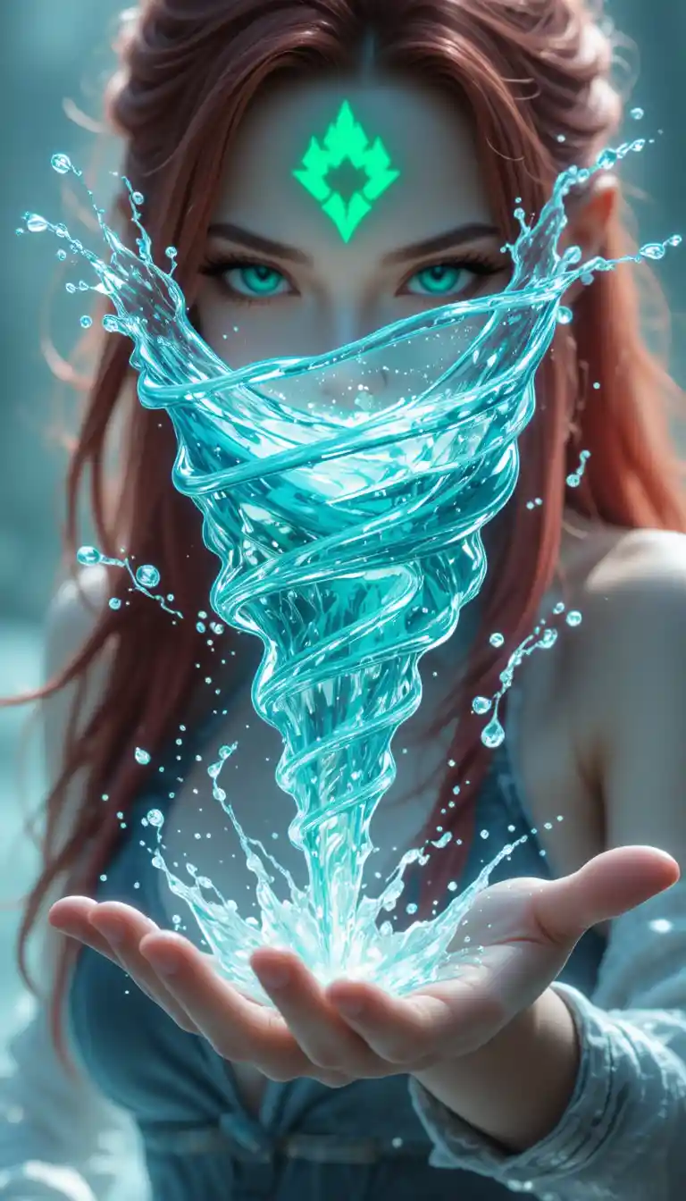 Anime warrior woman with glowing runes and water vortex